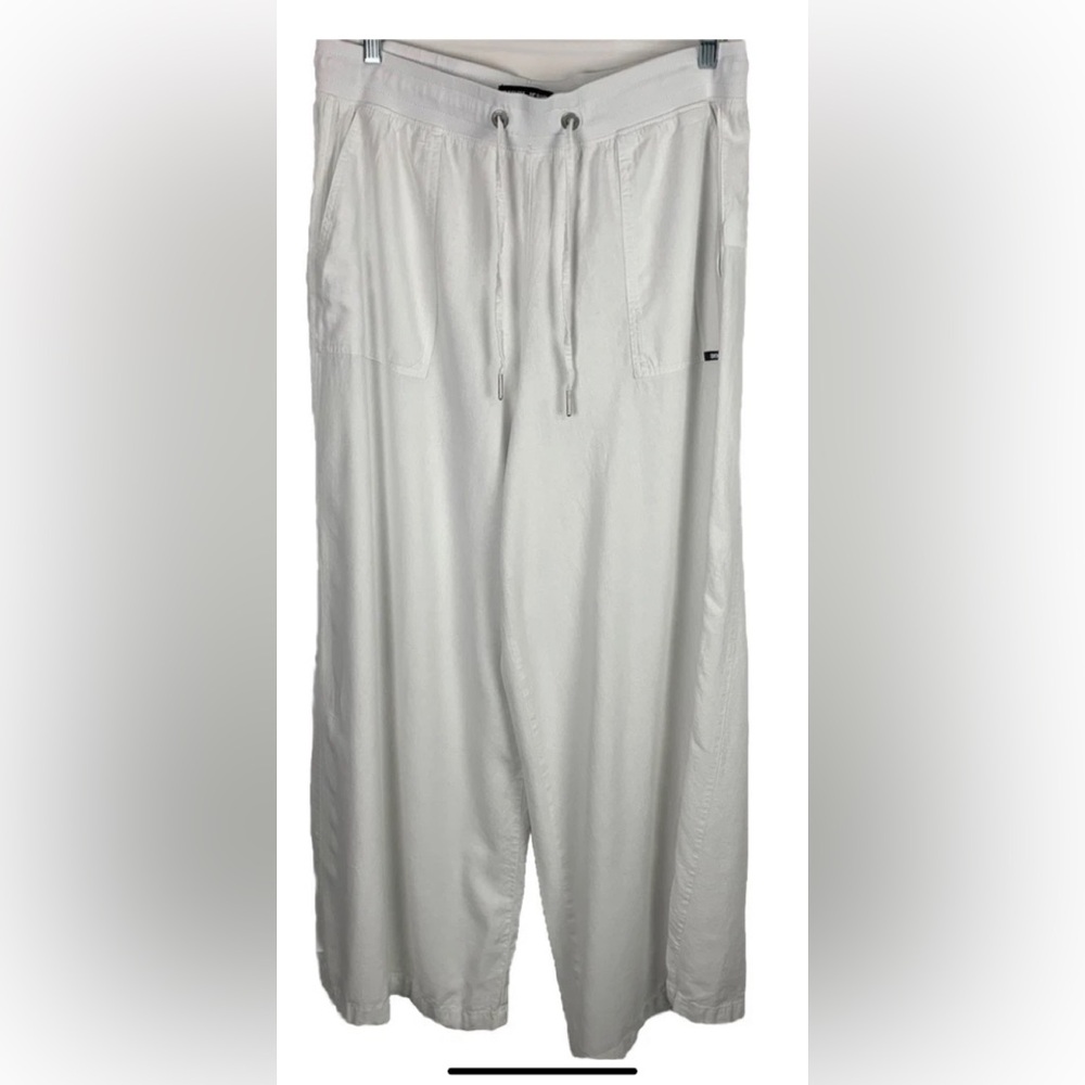 DKNY white Linen Blend WIDE leg Drawstring Pants Sz XL- pockets- 30” inseam